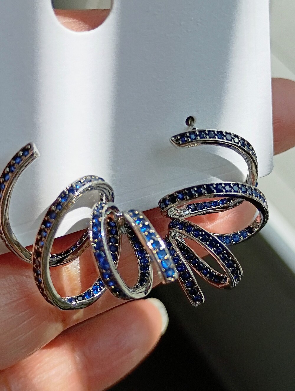 New Silver Tone Spiral Earrings with Blue Stones